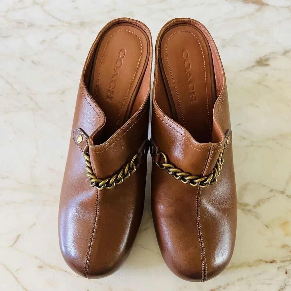 COACH Brown Leather Metal Chain Slip On Clog With High Chunky Heels - US 9.5